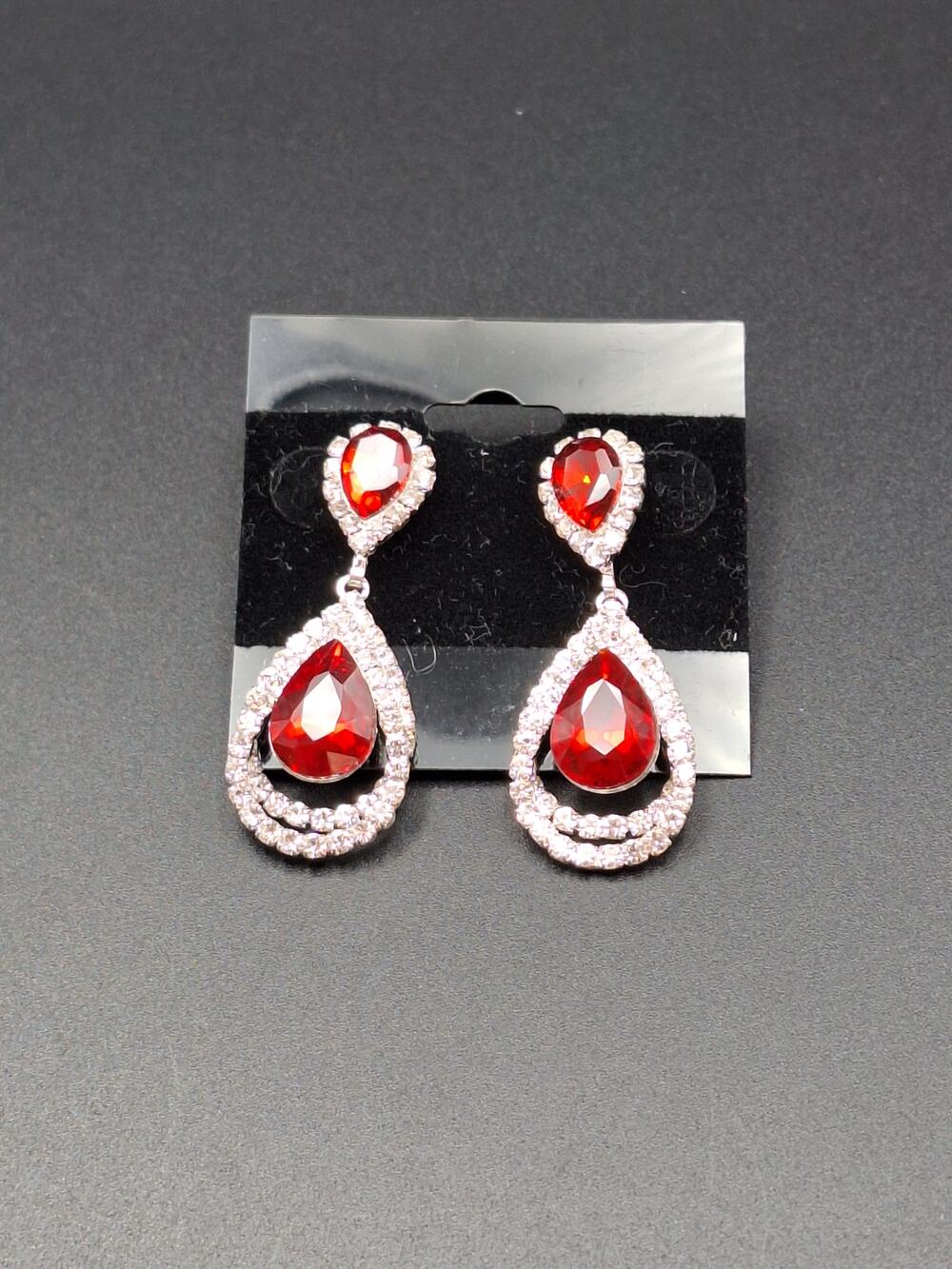 Ruby Red Teardrop Dangle Statement Earrings Clear Stone Double Halo